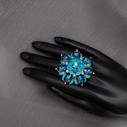 Flower Shape Crystal Cocktail Stretch Ring Party Prom Floral Statement Elastic Ring for Women - color: 2RI255-Aquamarine-gold tone