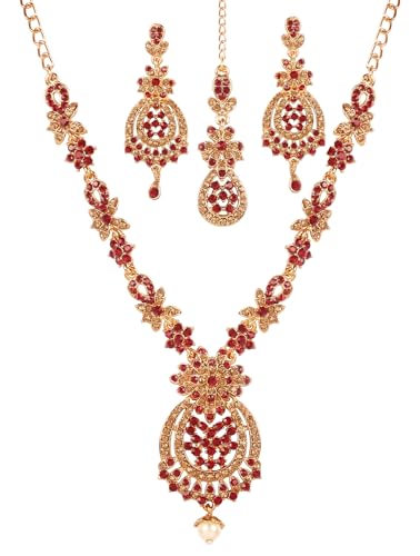 Touchstone Indian jewelry sets for women maang tikka wedding guest gold necklace bollywood jewellery set pageant elegant prom bride accessories western crystal chunky rhinestone necklaces - color: 1 Red & yellow in antique gold plating