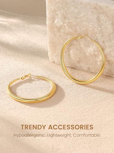 KeyStyle 5mm Thick Hoop Earring，Large Gold Hoop Earrings for Women | Stainless Steel Hoops Earring 14K Gold Plated/Silver/Black Hoop Lightweight Hypoallergenic Hollow Tube Hoop(40/60/80MM) - color: Gold, size: 60mm