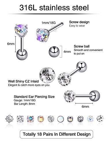 18 Pairs Stainless Steel Stud Earrings Solid Rhinestone Earring Cartilage Earrings Helix Ear Piercing Jewelry for Women Men (Steel Color, 18 G/ 1 mm with 4 mm Screw Ball)