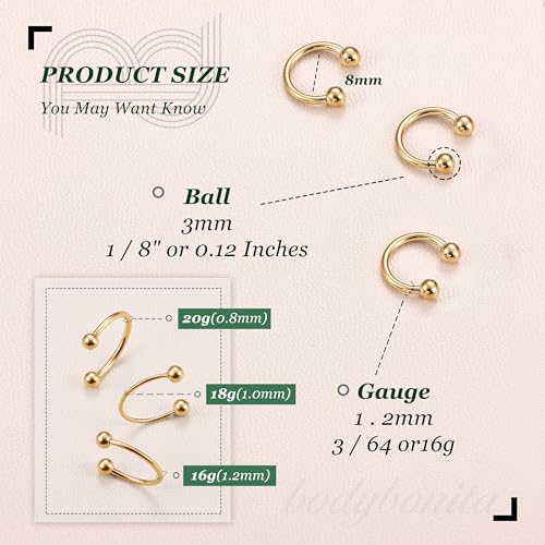 G23 Titanium 14/16/18/20G Septum Rings Horseshoe Nose Ring Jewelry | 2/3Pcs Circular Barbell Spike Lip Body Piercing Jewelry Conch Helix Tragus Earring Silver/Black 8/10/12mm 14K Gold Plated - color: Gold-3pcs, size: Balls-3pcs-16g-8mm