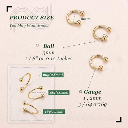 G23 Titanium 14/16/18/20G Septum Rings Horseshoe Nose Ring Jewelry | 2/3Pcs Circular Barbell Spike Lip Body Piercing Jewelry Conch Helix Tragus Earring Silver/Black 8/10/12mm 14K Gold Plated - color: Gold-3pcs, size: Balls-3pcs-16g-8mm