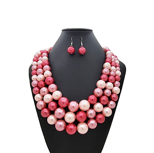 Fashion 21 Women's Faux Pearl Three Multi-Strand Statement Necklace and Earrings Set - color: Pink Mix