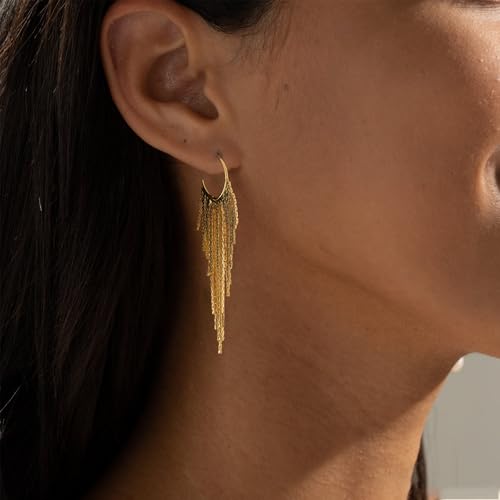 Gold Earrings for Women, 14K Gold Plated Tassel Dangle Earrings for Women Trendy Hypoallergenic Long Chain Earring Dainty Pearl Drop Earrings Elegant Wedding Earring Fashion Jewelry for Womens - color: Chain&Style 4