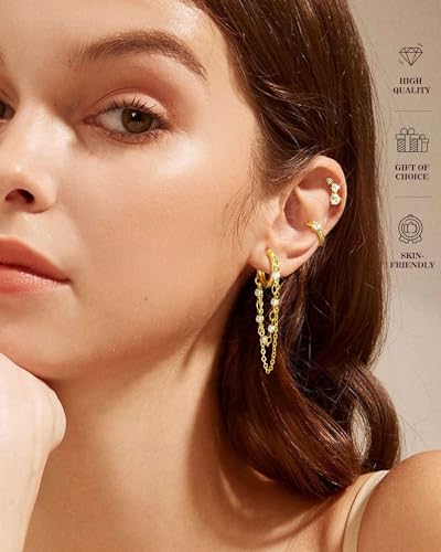 Tassel Chain Small Gold Hoop Dangle Earring For Women Huggie Earring Heart Star CZ 14K Gold Plated Fashion Jewelry Graduation Gift for Her Mothers Day Gifts for Mom - color: Gold-3 Pairs A
