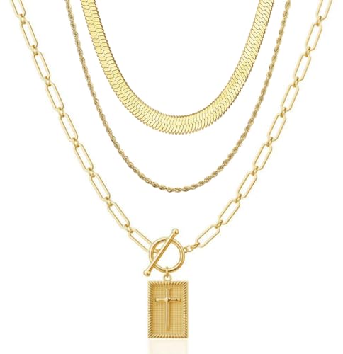 Evabelle Gold Layered Necklace for Women Trendy Jewelry 14K Real Gold Plated Chunky Chain Stackable Necklaces Dainty Choker Necklaces Rectangle Square Pendant - color: Gold Necklace 23