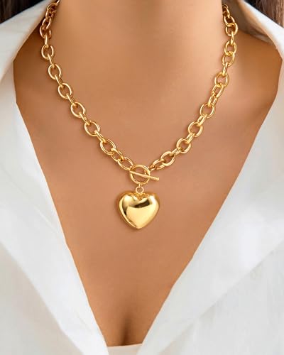 CHESKY 14K Gold Plated Chunky Necklace for Women, Trendy Toggle Clasp | Statement Pendant Necklace, Layered Paperclip Chain, Toggle Clasp Design, Thick Gold Chain, Non Tarnish Everyday Jewelry - color: gold, style: heart