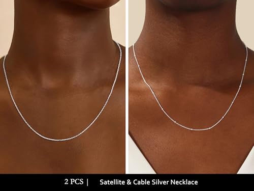 IIEFWELL S925 Sterling Silver Chain Necklace for Women - 1.2/0.8mm Satellite Bead Cable Box Chains Necklace Set, Hypoallergenic Sturdy Women's Silver Chain Necklaces, 16/18/20/22 Inches Jewelry Gifts - color: Cable + Satellite, size: 16 Inch (Women's Chok