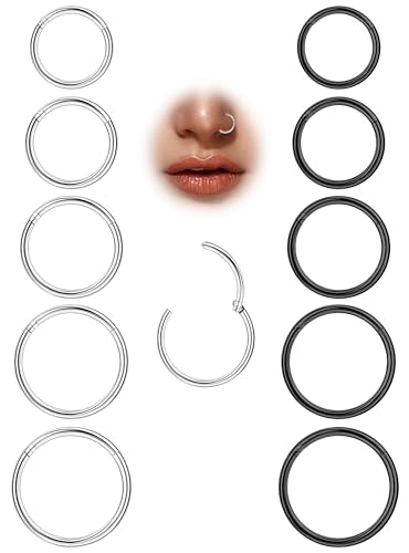 10Pcs 18G 20G Surgical Steel Nose Rings Hoops for Women Men Hinged Seamless Clicker Nose Hoops Cartilage Helix Tragus Daith Sleeper Earrings Hoop Hypoallergenic Nose Piercing 6/7/8/9/10MM - color: silver and black, size: 20G