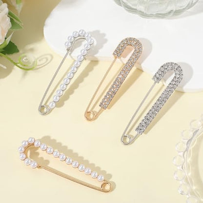 CREATCABIN 4pcs Women Brooch Pin Faux Crystal Pearl Brooches Sweater Shawl Clip Decorative Safety Pins Cardigan Collar Dress Shirt Clip Rhinestone Decoration for Clothing Hat Gold Silver 2.87×0.79in