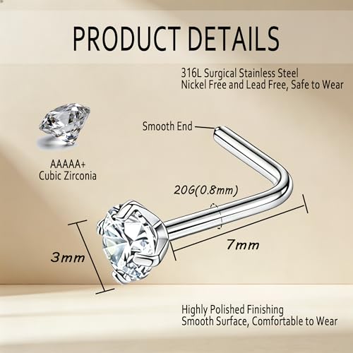 davka 20G L Shape Nose Studs 6PCS, 7mm Bar 3mm CZ Stainless Steel Nose Rings for Nostril Piercing, Small Snug Fit Nose Stud Jewelry for Daily Wear Work Sleep Women Men - color: 20G Silver L-Shape Studs