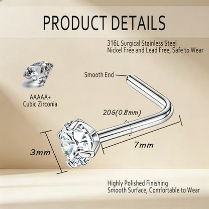 davka 20G L Shape Nose Studs 6PCS, 7mm Bar 3mm CZ Stainless Steel Nose Rings for Nostril Piercing, Small Snug Fit Nose Stud Jewelry for Daily Wear Work Sleep Women Men - color: 20G Silver L-Shape Studs