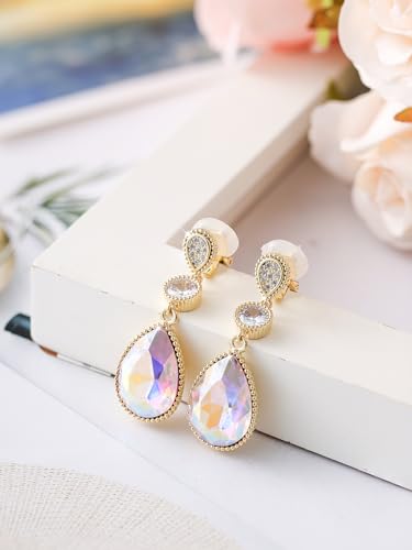 Clip On 18 * 13MM Big Crystal Dangle Non Pierced Earrings for Women 14K Gold Plated Jewelry - color: Mar-Aquamarine-Rose Gold Plated