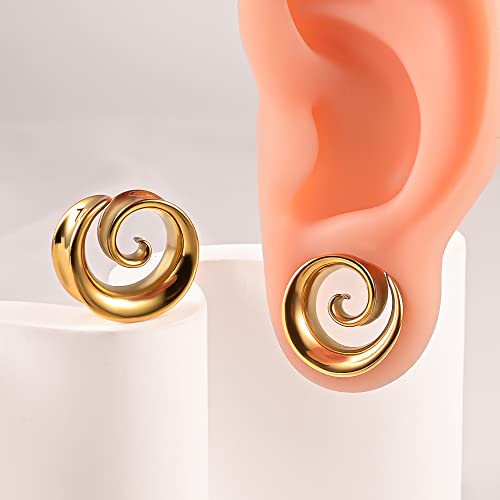 2PCS Spiral Saddle Ear Tunnels Plugs 316 Stainless Steel Ear Gauges Hypoallergenic Earrings Expander Stretcher Piercing Body Jewelry - color: Gold, size: 12mm(1/2")