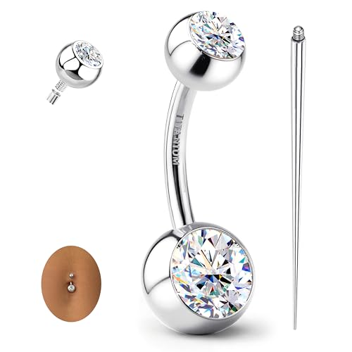 GEMQUEEN Moissanite ＆ G23 TItanium Belly Button Ring 18K Gold Plated Hypoallergenic Internally Threaded Belly Rings 14G Ball Navel Piercing Jewelry for Women Men D Color VVS1 Clarity Brilliant Cut - color: Titanium-D Color Moissanite Stone, size: 12mm Len