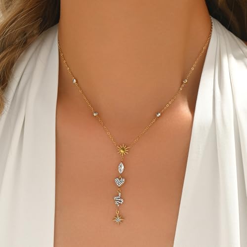 Lariat Necklaces for Women 18K Gold Plated Cubic Zirconia Heart Necklaces Dainty Star Lightning Sun and Moon Necklace Trendy Y Shaped Drop Diamond Necklace - color: Sun Heart Snake Star Y Necklace-Gold