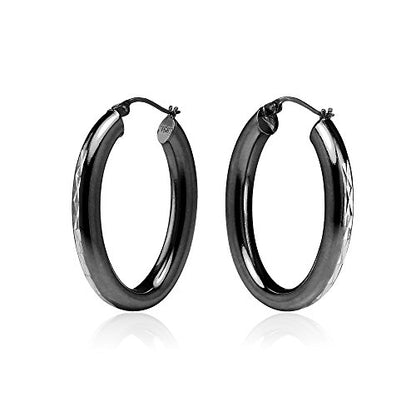 Hoops & Loops 925 Sterling Silver 4.5mm Thick Oval Diamond-Cut Hoop Earrings, 25mm 30mm, Silver, Yellow Gold, Rose Gold & Black - color: Black 25mm-1''