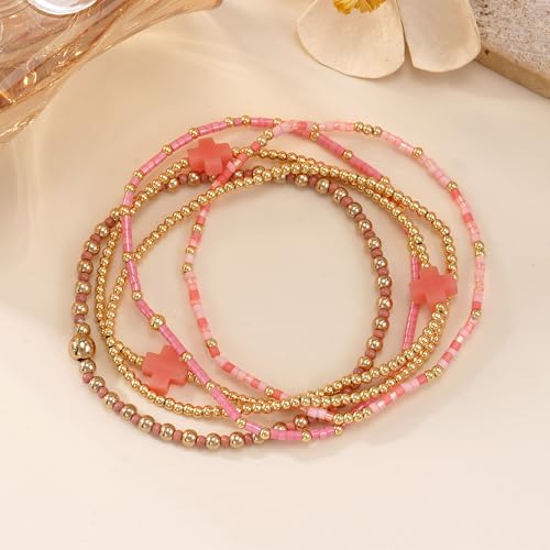 Gold Beaded Bracelets Stack for Women Stackable 14K Gold Plated Beads Ball Cross Bracelet Boho Christian Jewelry Faith Friendship Birthday Gifts for Women - color: Pink