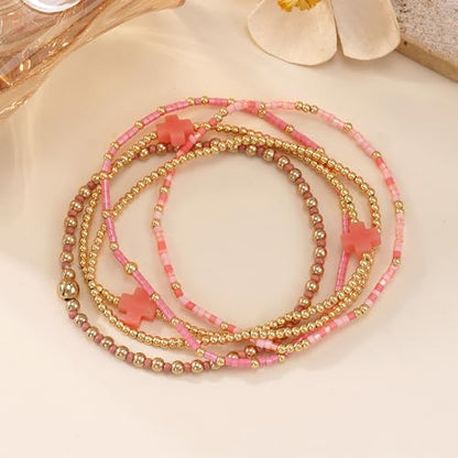 Gold Beaded Bracelets Stack for Women Stackable 14K Gold Plated Beads Ball Cross Bracelet Boho Christian Jewelry Faith Friendship Birthday Gifts for Women - color: Pink