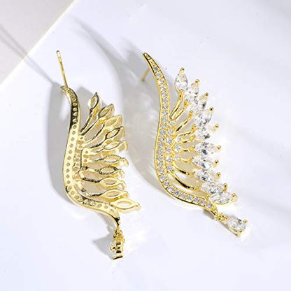CZ Bridal Earrings for Wedding - 14k Plated Sterling Silver Elegant Teardrop Cubic Zirconia Crystal Rhinestone Floarl Leaf Cluster Chandelier Statement Dangle Drop Earrings for Bride Bridesmaids Party - color: Big Wing - Gold