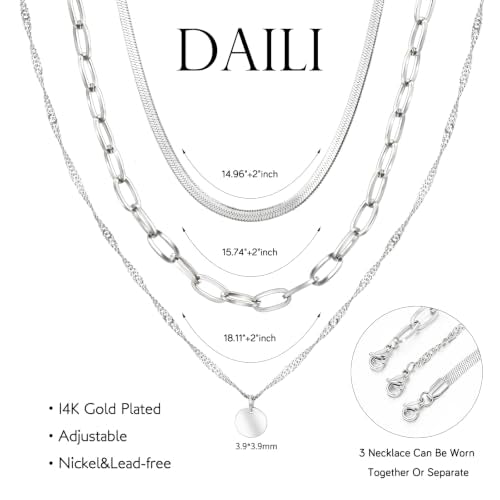 Layered Necklaces for Women,14k Gold Plated Dainty Necklace Stack Set Non Tarnish Adjustable Silver Stainless Steel CZ Heart Circle Pendant Paperclip Choker Herringbone Snake Chain Jewelry - style: Circle Layered Necklace-Silver