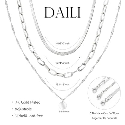 Layered Necklaces for Women,14k Gold Plated Dainty Necklace Stack Set Non Tarnish Adjustable Silver Stainless Steel CZ Heart Circle Pendant Paperclip Choker Herringbone Snake Chain Jewelry - style: Circle Layered Necklace-Silver