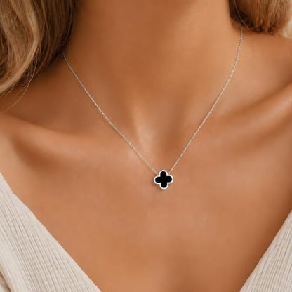 Clover Necklace Bracelet and Stud Earrings Jewelry Sets for Women | 18K Gold Plated Stainless Steel, Black/White Four Leaf Clover set,Christmas Birthday Lucky Gifts for Mom Wife Girlfriend - color: Silver Black 3PCS