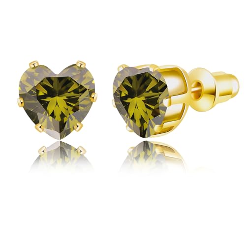 8mm Heart-Cut Birthstone Stud Earrings for Women – 18K Gold Plated Hypoallergenic Cubic Zirconia Earrings, Nickel Free, 12 Months Colors, Everyday Jewelry, Gift for Her, Bridal, Birthday, Christmas - color: 08 Aug Peridot