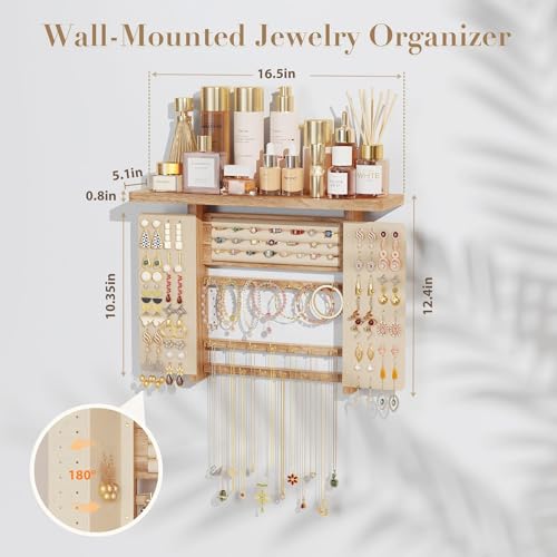 Emfogo Jewelry Organizer Hanging Wall Mounted Jewelry Holder, 5-in-1 Large Capacity Necklace Organizer Display for Ring, Necklaces, Bracelets, Earrings (Rustic Wood) - color: Rustic Wood