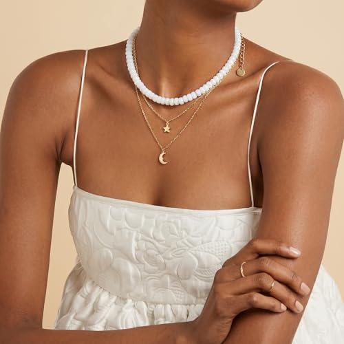 Gemstone Beaded Necklace for Women Colorful Natural Stone Freshwater Pearl Surfer Beach Rainbow Necklace Jewelry Gift - color: White-2