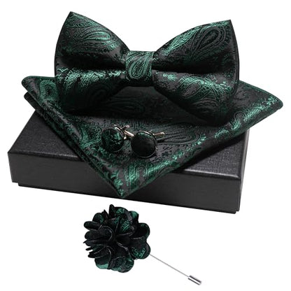 JEMYGINS Mens Paisley Bow Tie and Lapel Pin Necktie Pocket Square and Tie Clip with Sets for Business Casual 4PCS - color: Dark Green