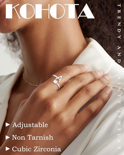 KOHOTA Gold Silver Initial Rings for Women Non Tarnish Adjustable Ring | 14K Gold Plated Stackable Ring for Women Trendy, Letter CZ Thumb Pinky Ring, Dainty Open Birthday Jewelry Gifts - color: SILVER-B