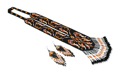 Long Beaded Necklace – Boho Native Handmade Seed Bead Tassel Necklace, Bohemian Large Statement Beaded Necklace for Women - color: Black-Light Orange