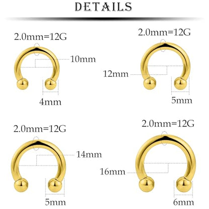 12G Septum Rings Ear Gauges Earrings Hoops Eyebrow Piercings lip Rings Hoop 316L Surgical Steel Cartilage Helix Tragus Rook Daith Earrings Piercing Jewelry for Women Men 10mm 12mm 14mm 16mm - style: 12G，10mm-16mm，Gold Tone