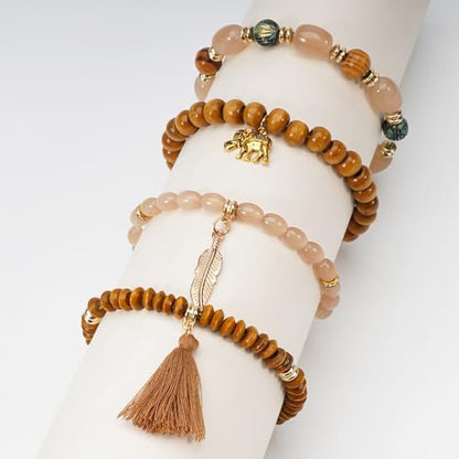 Boho Wooden Beads Bracelets Bohemian Bracelet Stack for Men Women Wood Beaded Bracelet Set - color: T