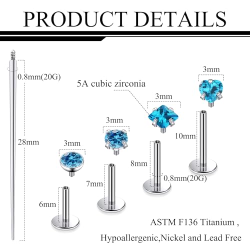 Titanium Flat Back Lip Rings Internally Threaded Earrings Studs Nose Rings 20G 18G 16G Round Heart Square CZ Tragus Cartilage Lobe Rook Helix Conch Labret Medusa Piercing Jewelry for Women Men - color: Ocean Blue CZ, size: 20G-6/8/10mm