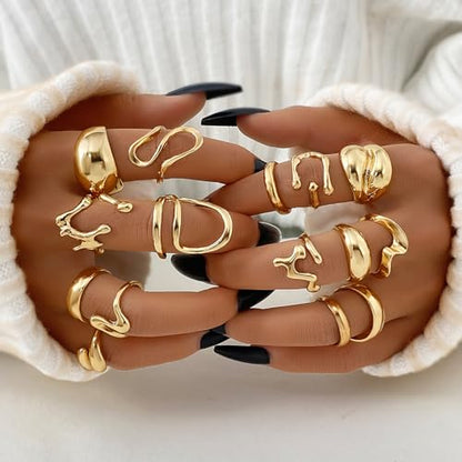 IFKM Gold Chunky Rings Set for Women 14k Gold Plated Thick Dome Stackable Open Rings Trendy Dainty Minimalist Jewelry Gifts - color: Gold, style: Irregular