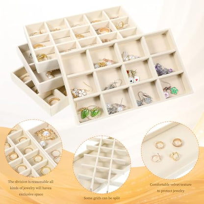 12 Pcs Velvet Jewelry Organizer Trays Set, 4 Styles Stackable Drawer Organizer with Removable Dividers, Storage and Display for Earrings, Necklaces, Bracelets, Rings, Vanity Dresser Storage Box, Beige