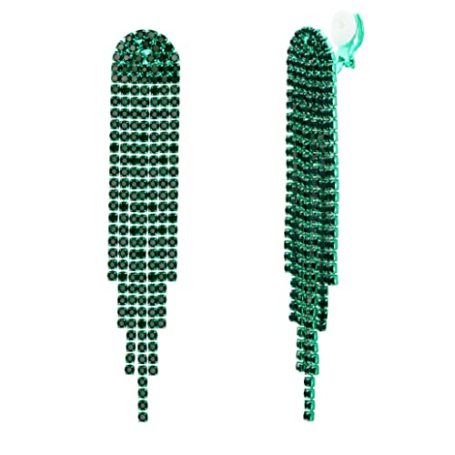 Clip-on Earrings Rhinestone Dangling for Women Fashion Long Chandelier Sparkle Crystal Tassel Dangle Drop Earring - color: Emerald Color Green-Tone