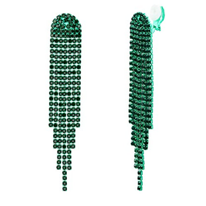 Clip-on Earrings Rhinestone Dangling for Women Fashion Long Chandelier Sparkle Crystal Tassel Dangle Drop Earring - color: Emerald Color Green-Tone
