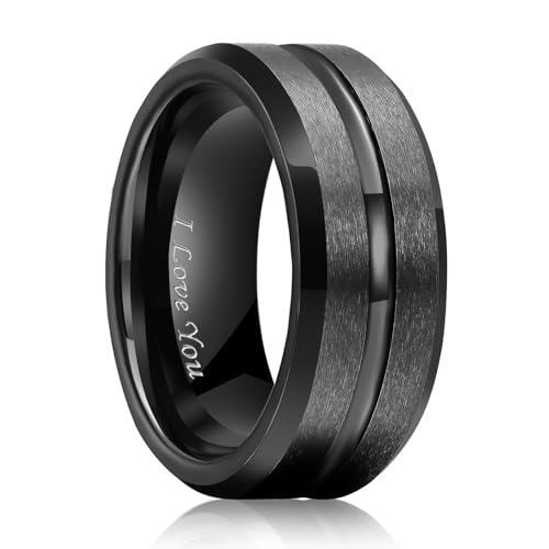 King Will Tungsten Carbide Wedding Band for Men Women-6/8/10mm Width Multicolor Available with Grooved Center Wedding Ring Suitable for Work, Gym Comfort Fit Size 4-16 - color: A-Black-8mm-I LOVE YOU