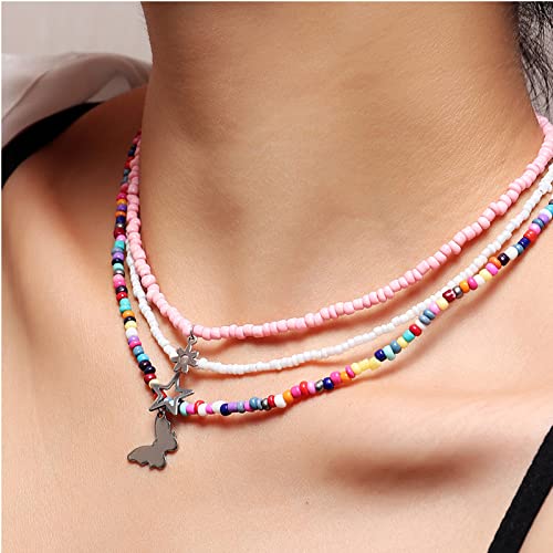 Handmade Multilayered Rainbow Colorful Beads Link Chain Moon Star Butterfly Pendant Choker Necklace Friendship Creative Beach Costume Jewelry for Women - color: butterfly