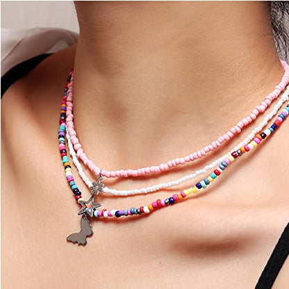 Handmade Multilayered Rainbow Colorful Beads Link Chain Moon Star Butterfly Pendant Choker Necklace Friendship Creative Beach Costume Jewelry for Women - color: butterfly