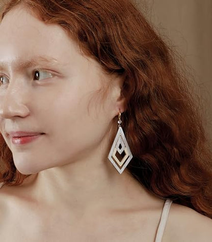 Ozel - Natural Wooden Acrylic Boho Drop Dangle Earrings for Women - Geometric Statement Jewellery - Brown, Black, Magent Red, Olive Green, White beige - color: Diamond_White beige