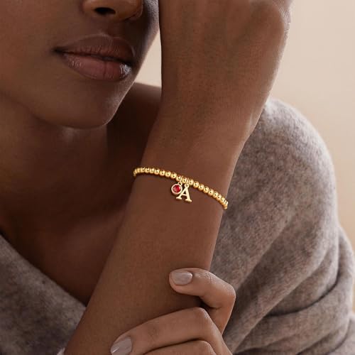 Birthstone Initial Beaded Bracelets for Women - Dainty 14K Gold Plated 12 Months Birthstone Charm Letter A-Z Bracelet Trendy Personalized Birthday Jewelry Gifts for Women Teen Girls - color: Jan-Garnet, style: G