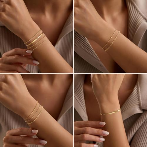 Gold Bracelets for Women, 14K Gold Plated Stackable Bracelet Stack Set Adjustable Charm Paperclip Chain Cuban Link Layered Waterproof Jewelry Sets Gifts for Womens 6.5 Inch - color: Golden-A 6.5 IN