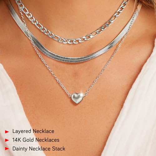 Layered Necklaces for Women,14k Gold Plated Dainty Necklace Stack Set Non Tarnish Adjustable Silver Stainless Steel CZ Heart Circle Pendant Paperclip Choker Herringbone Snake Chain Jewelry - style: Heart Layered Necklace-Silver