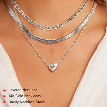Layered Necklaces for Women,14k Gold Plated Dainty Necklace Stack Set Non Tarnish Adjustable Silver Stainless Steel CZ Heart Circle Pendant Paperclip Choker Herringbone Snake Chain Jewelry - style: Heart Layered Necklace-Silver