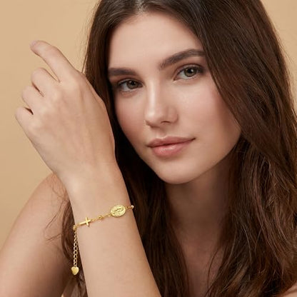 Gold Bracelets for Women 14K Gold Bracelets for Women Beaded Bracelet for Womens Polished Beads Delicate Cross and Petite Virgin Mary Charm Gold Cross Bracelet for Womens