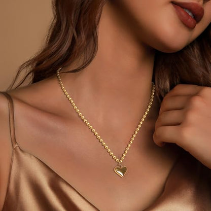 Zeffy Dainty Gold Heart Necklace for Women Trendy 14K Gold/Silver Plate Cute Heart Pendant Choker Necklaces Gold Love Heart Chain Necklace for Women Dainty Gold Jewelry Gifts for Women - style: Puffy Heart Beaded Necklace-Gold